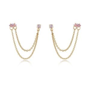 NWOT Ettika double piercing chain dangle earrings pink crystal 18k gold plated
